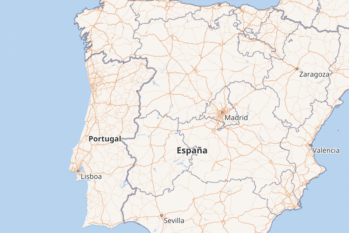 Mapa da Península Ibérica com a localização da Guarda, entre Lisboa, Porto e Madrid